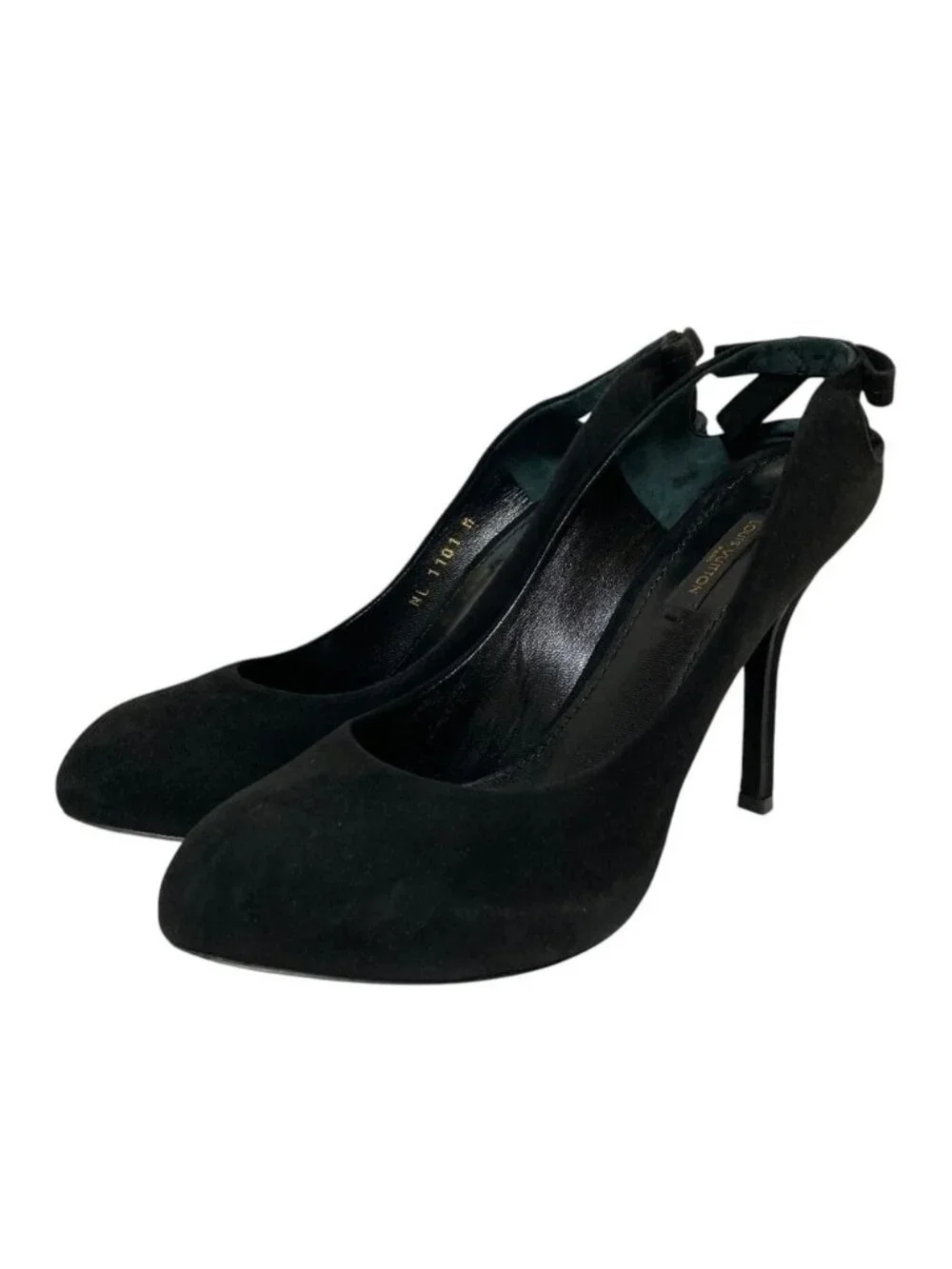 Louis Vuitton LV Logo Ribbon Sling Back Suede Leather Pumps 36.5 Black Heel